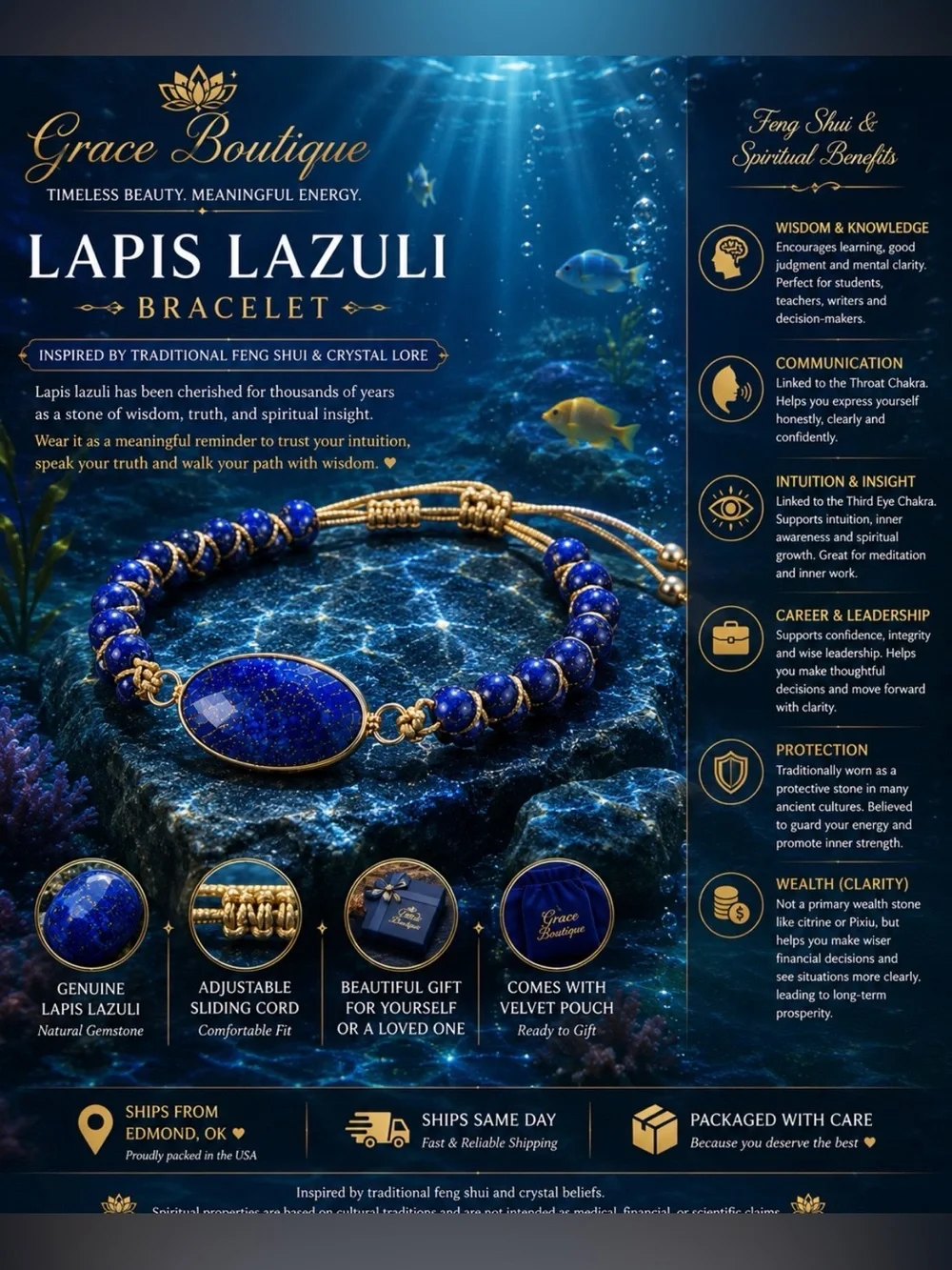Natural Lapis Lazuli Bracelet - Blue Gemstone Bracelet